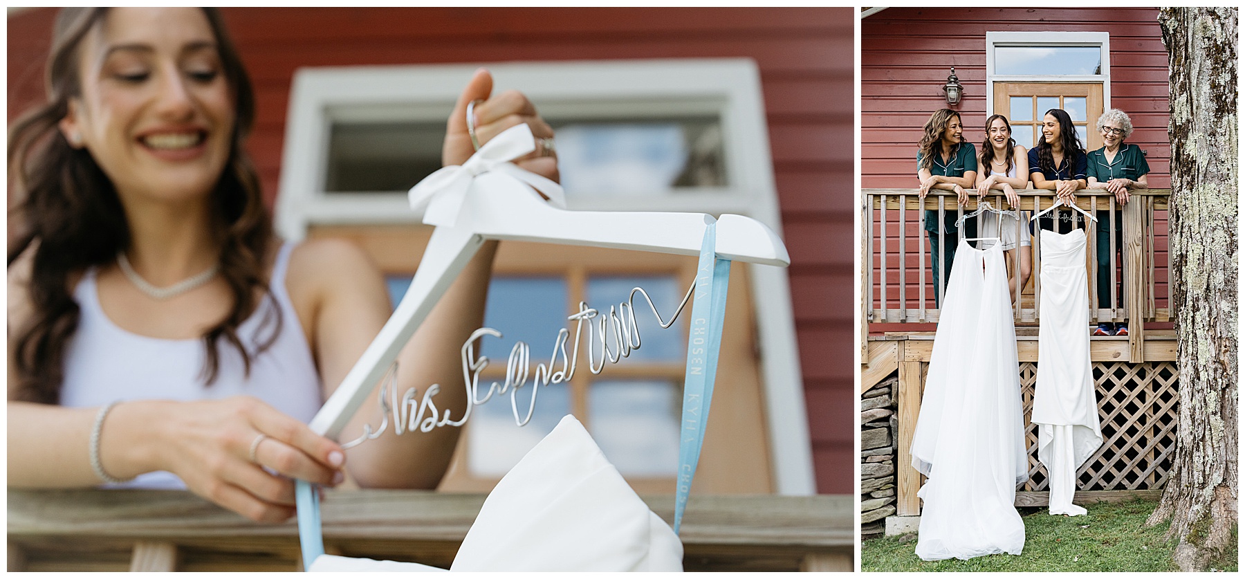 bride holds her wedding dress up on a customized hanger and stands next to her family smiling