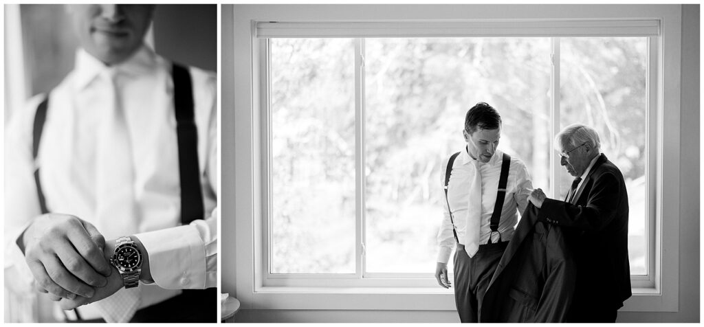 black and white photo of groom adjusting his watch and of his father helping him put on his wedding day suit jacket