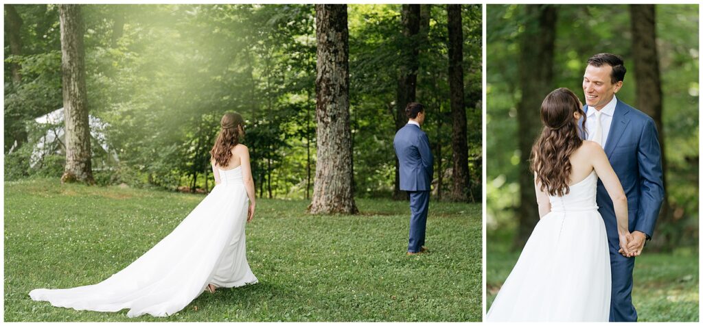 a photo of the bride about to walk up behind her groom in her wedding dress surrounded by green trees and a photo of the groom turning around to see her 