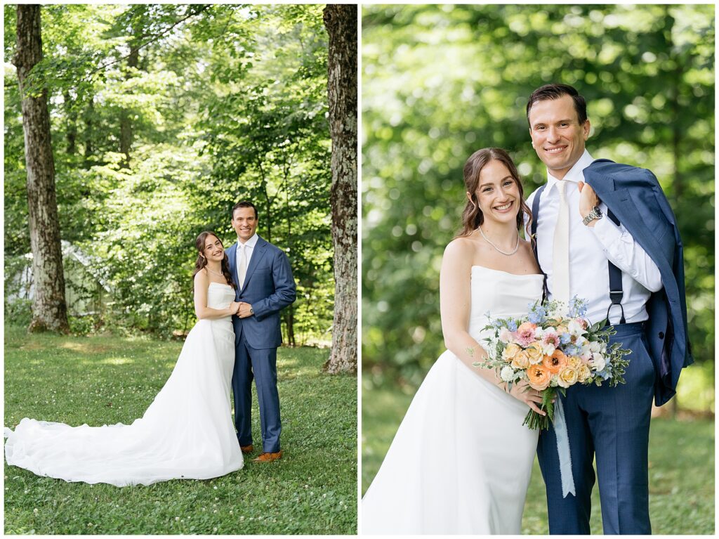 bride and groom smiling at the camera as the bride holds her wedding bouquet and the groom holds his blue suit jacket over his shoulder