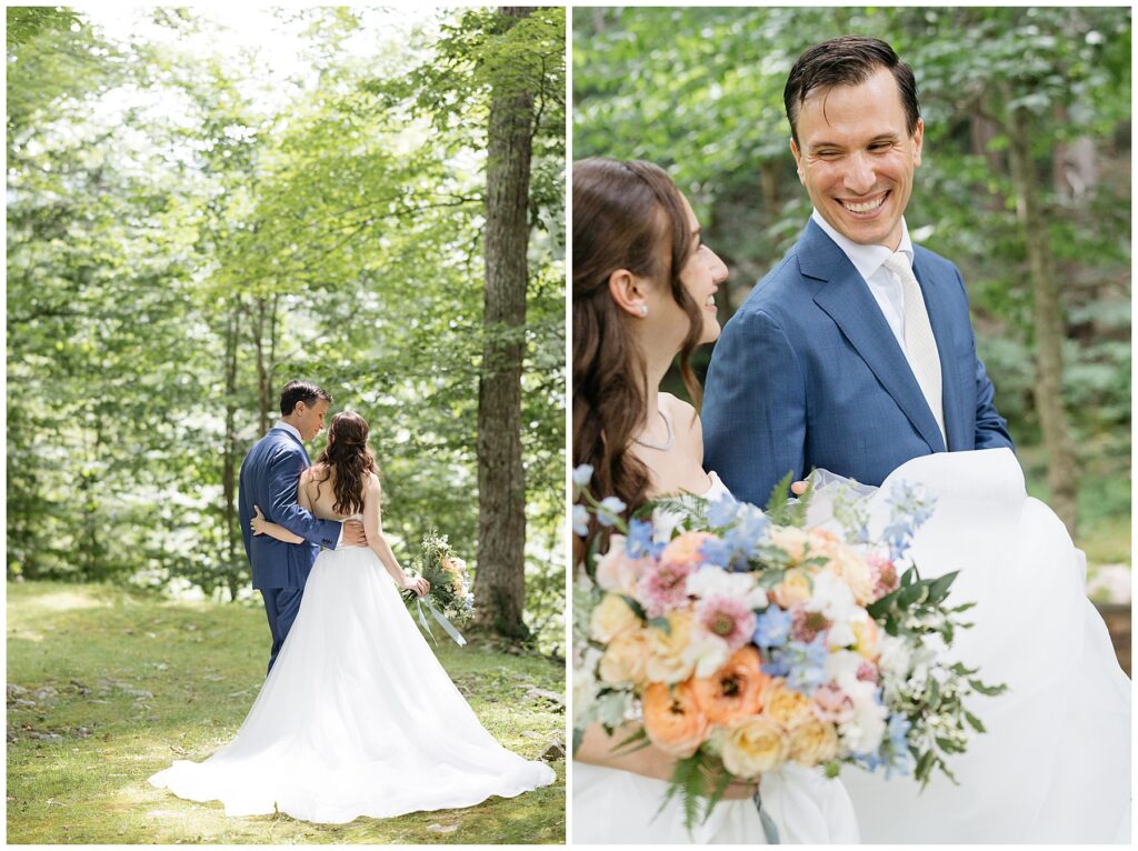 the bride and groom walking through the woods of the Full Mon Resort before their wedding ceremony 