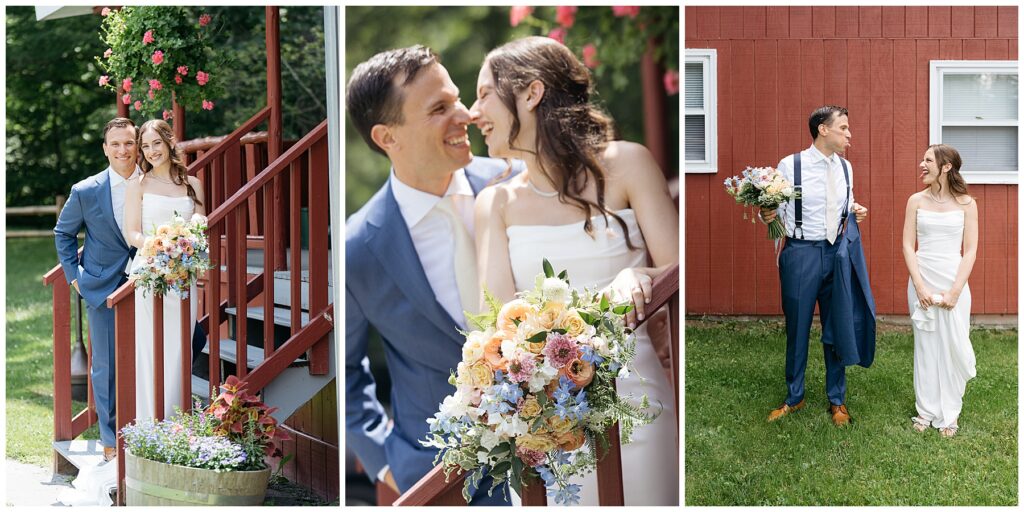 the bride and groom standing on the stairs of a red cottage smiling and laughing at each other at this Full Moon Resort wedding