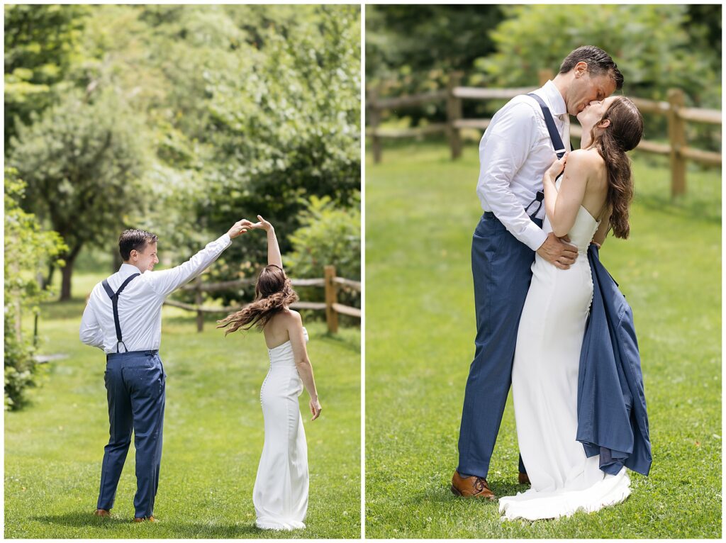 the groom twirls his bride around as they walk along the fence line of full moon resort, and then they kiss 