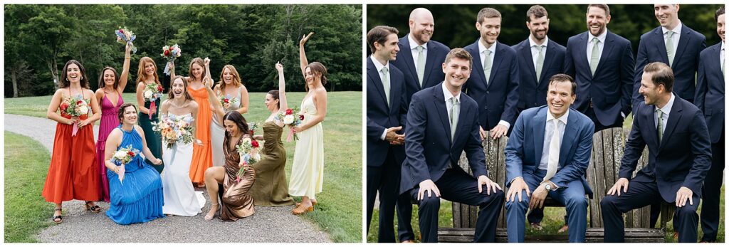 a photo of the bridesmaids wearing bright colors dresses of red, pink, orange, blue, and brown celebrating and a photo of the groomsmen sitting around the groom laughing wearing blue suits 