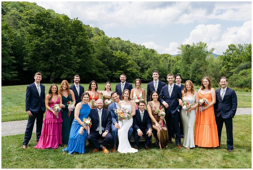 A photo of the wedding party sitting and standing around the bride and groom with the catskills scenery behind them 