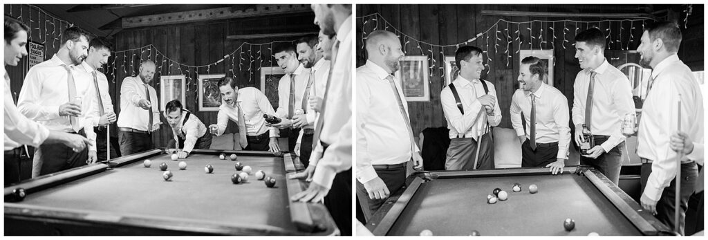 black and white photos of the groom playing pool with his groomsmen around him before the wedding day ceremony at full moon resort 