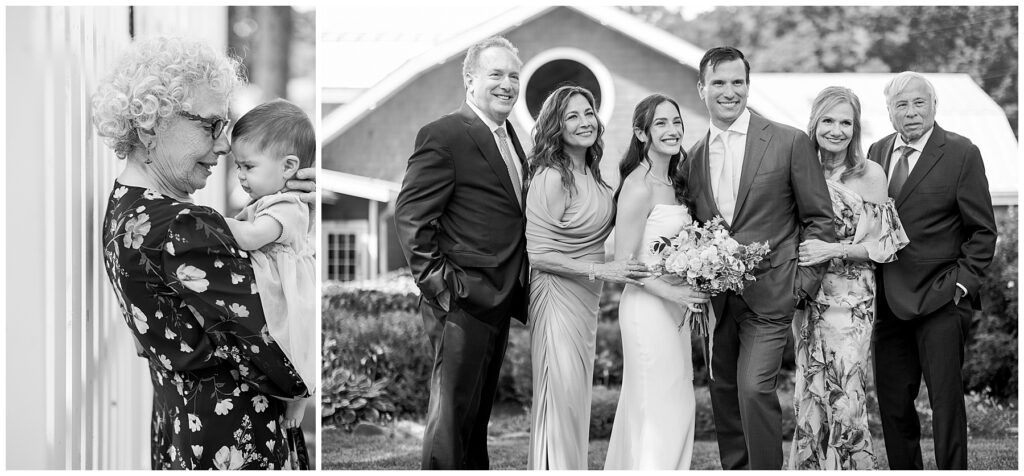 black and white photos of the grandmother holding a young niece and the parents surrounding the bride and groom before the ceremony 