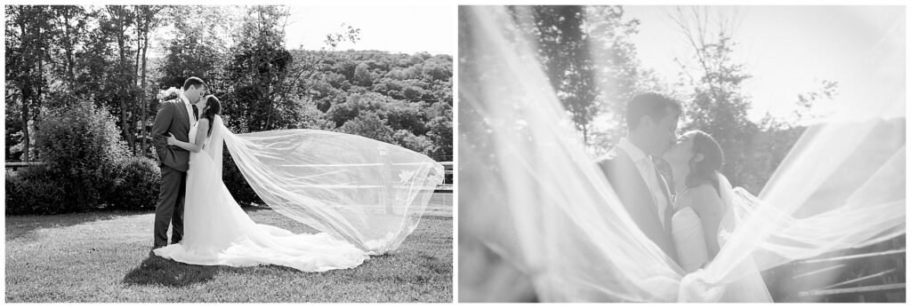 black and white photos of the bride and groom kissing while the bride's veil blows in the breeze and then covers part of the camera 