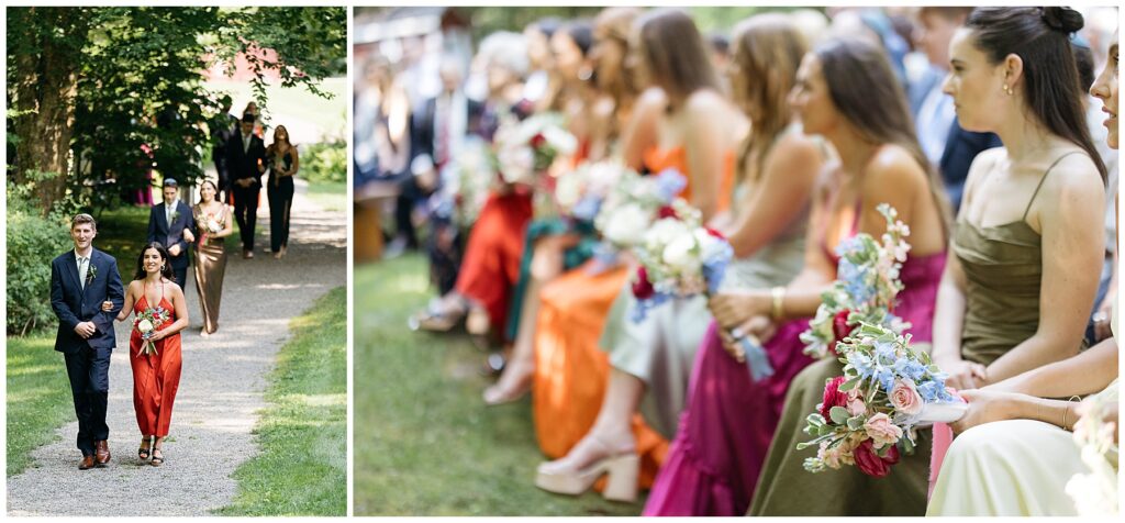 photos of the bridal party walking down the aisle in bright red and pink dresses and then sitting in the front row of the ceremony holding their colorful flower bouquets 