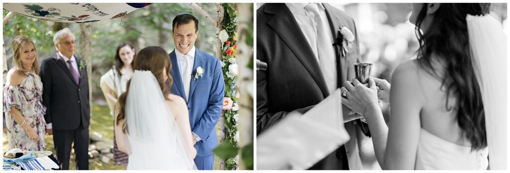 a photo of the groom smiling at the bride under the chuppah and a black and white close up photo of the bride and groom holding a ceremonial glass 