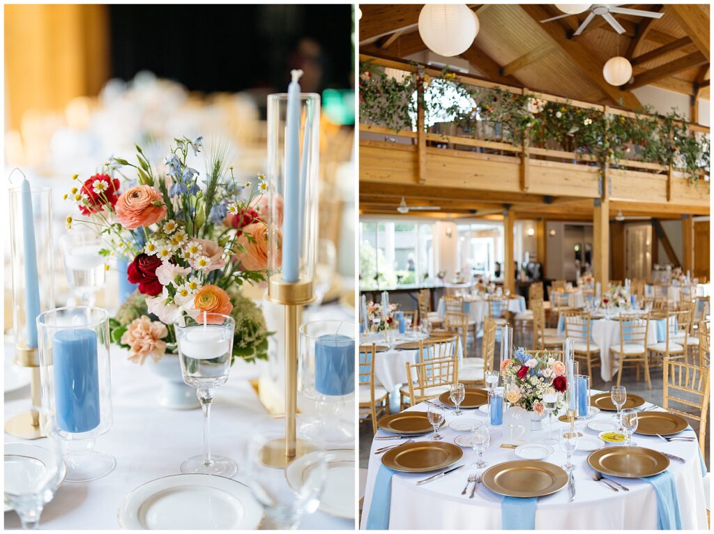 photos of the reception space at full moon resort with light blue candles and napkins set on top of white tablecloths and gold accent plates 