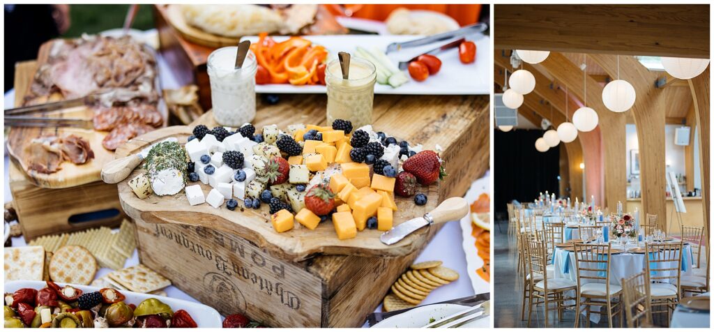 a close up of the cocktail hour food of cheese and fruit spread and a photo of the indoor reception space with gold chairs and light blue napkins