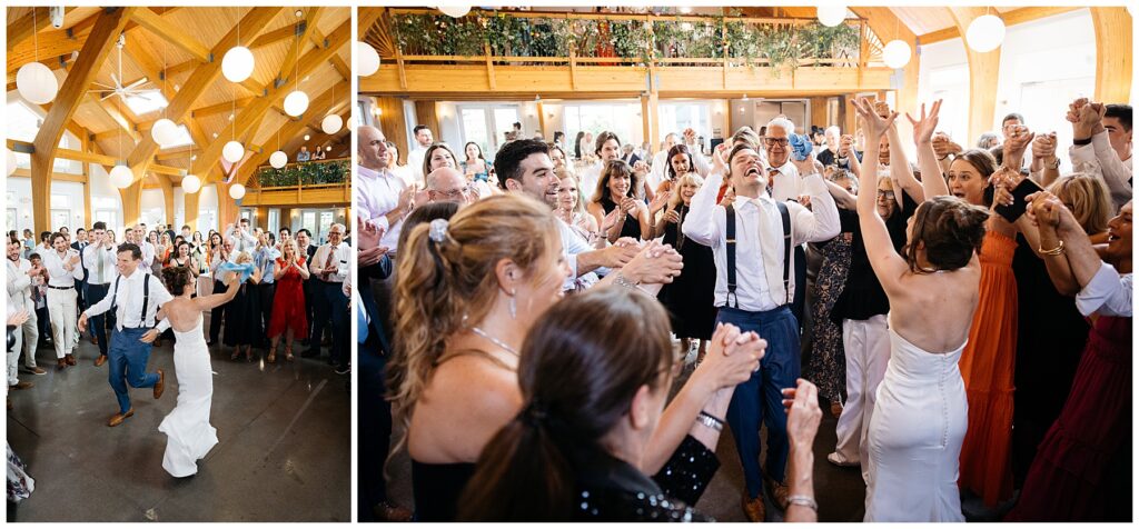 the bride and groom dancing in the reception with the guests all around them singing along 