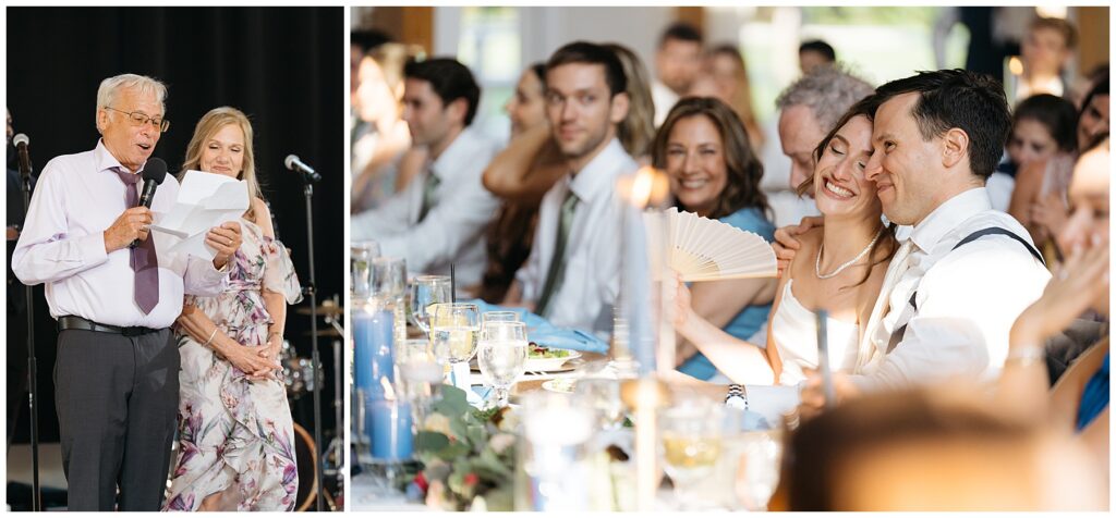 parents give toasts as the bride and groom watch and laugh sitting at their reception table 