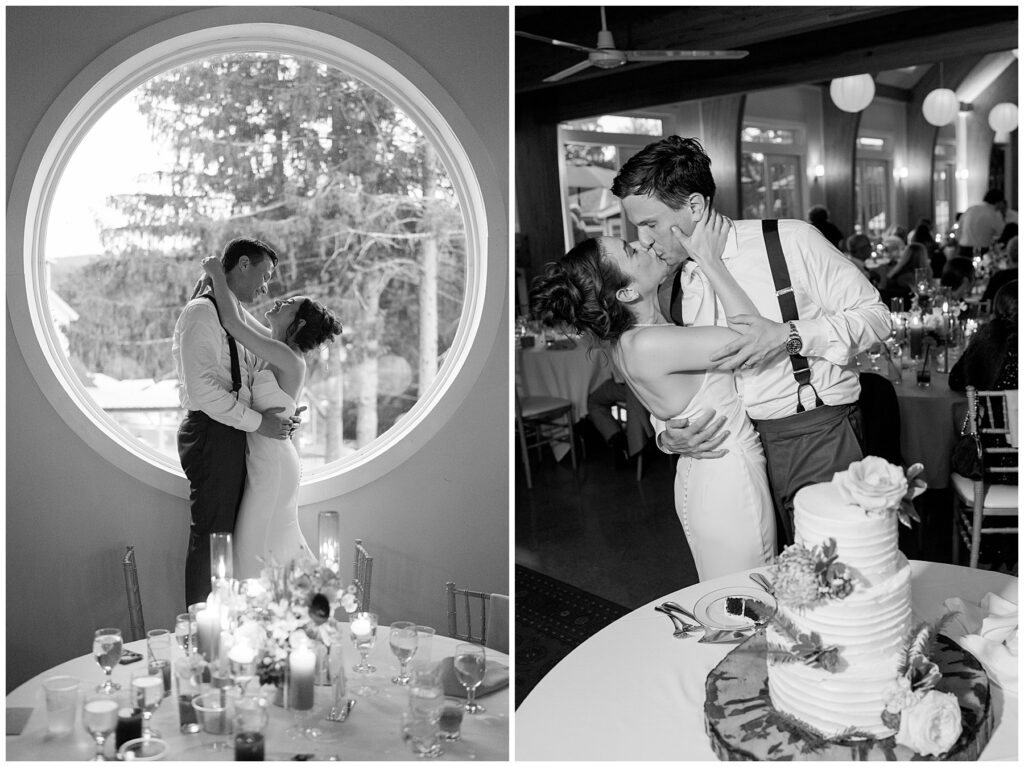 black and white photos of the couple kissing in front of their wedding cake during the wedding reception 